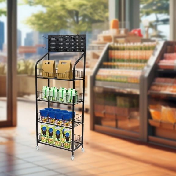 4 Tiers Adjustable Baskets Rolling Display Snack Rack Freestanding Stand Holder