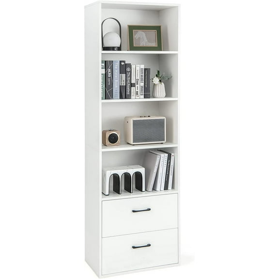 4-Tiers Bookcase, 74” Tall Book Shelf Craft Storage Cabinet with 2 Slide Drawers & 4 Open Shelves, Modern Wood Craft Book Shelf for Bedroom, Living Room (White)