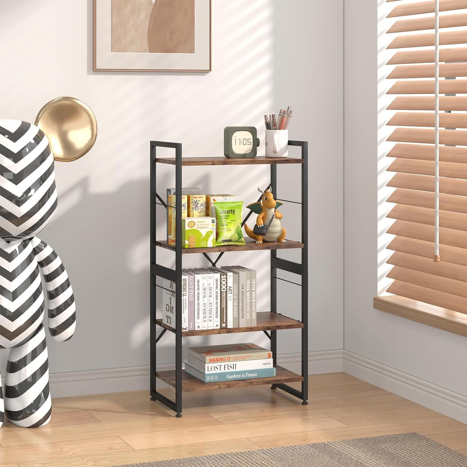 4 Tiers Bookshelf Adjustable Shelf Organizer, Rustic Brown Small ...