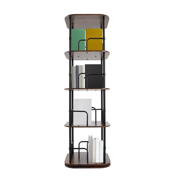 4 Tiers Brown Rotating Bookshelf Modern Style Book Storage Shelf Free Standing Bookshelf with Low-Noise Bearing Turntable for Bedroom Study Room Game Room Open Design Dual-layer Reinforced Base