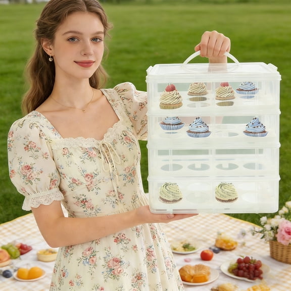 4-Tiers Cupcake Carrier, Portable Cupcake Holder with Transparent Shell and Handle, Cupcake Storage Container for Transporting Cupcakes, Fruits, Cookies
