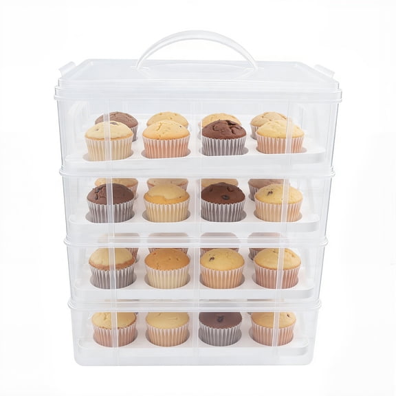 4-Tiers Cupcake Carrier, Portable Cupcake Holder with Transparent Shell and Handle, Cupcake Storage Container for Transporting Cupcakes, Fruits, Cookies
