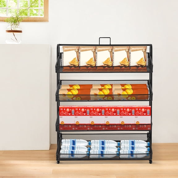 4 Tiers Display Rack, Black, Iron Retail Organizer Shelf for Snacks Candy