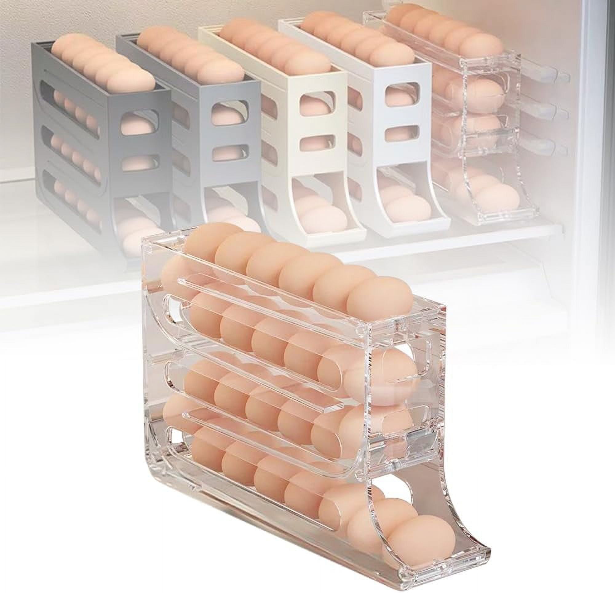 4 Tiers Egg Holder for Fridge, 2024 New 4 Tiers Egg Container, Auto Rolling Fridge Egg Organizer, Space-Saving Egg Dispenser Holder, Large Capacity Eggs Organizer Storage 30 Egg (Transparent, 1Pcs)