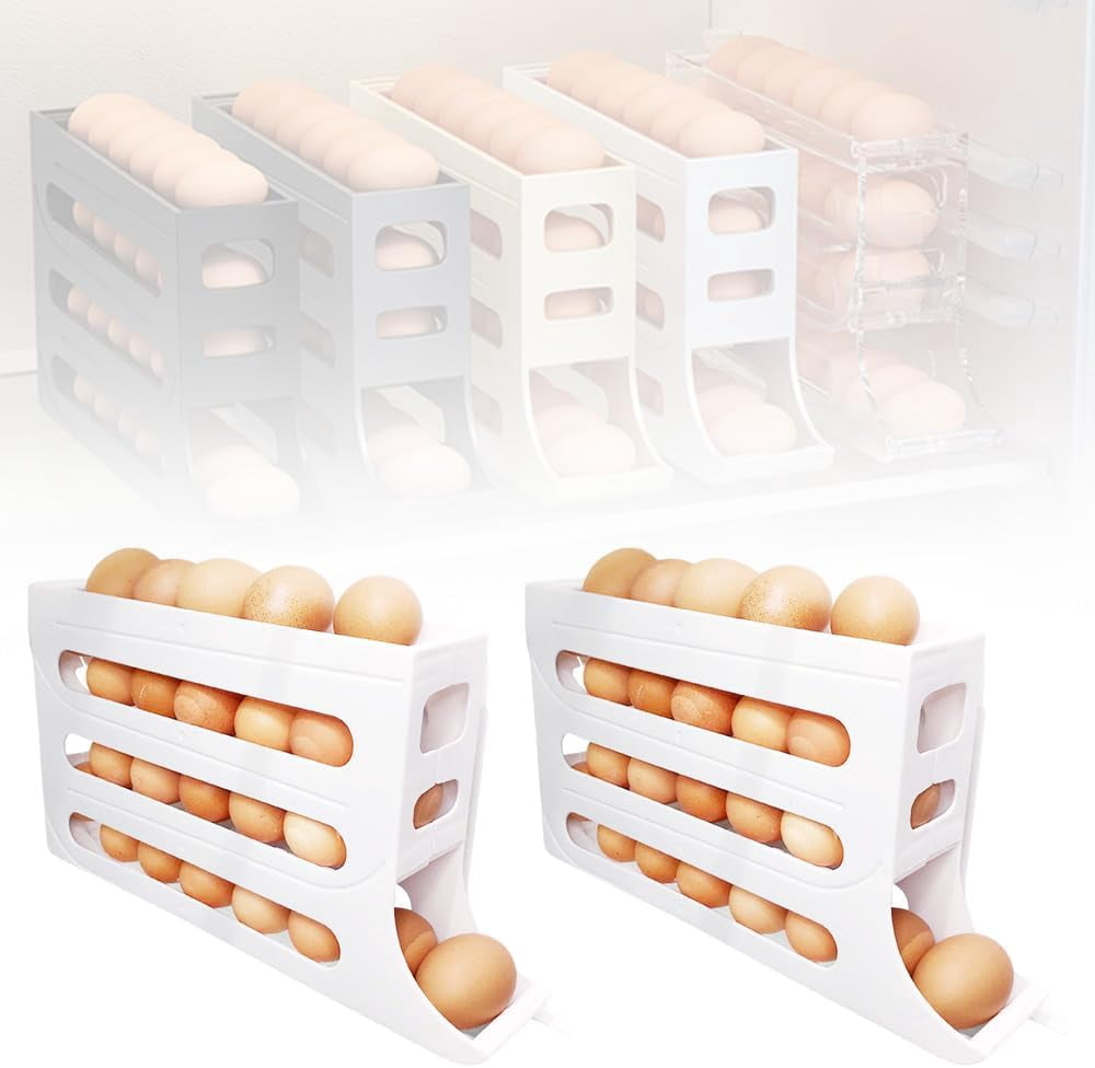 4 Tiers Egg Holder for Fridge, 2024 New Automatic Scrolling Egg Rack Holder 4 Tier Tilted Egg Storage Rack, Large Capacity Eggs Organizer Storage 30 Egg for Fridge, Kitchen (Transparent)