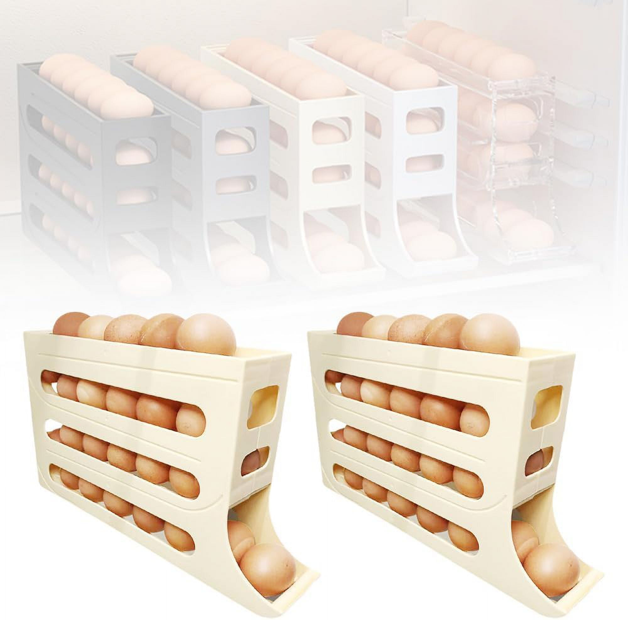 4 Tiers Egg Holder for Fridge, 2024 New Automatic Scrolling Egg Rack Holder 4 Tier Tilted Egg Storage Rack, Large Capacity Eggs Organizer Storage 30 Egg for Fridge, Kitchen (Transparent)