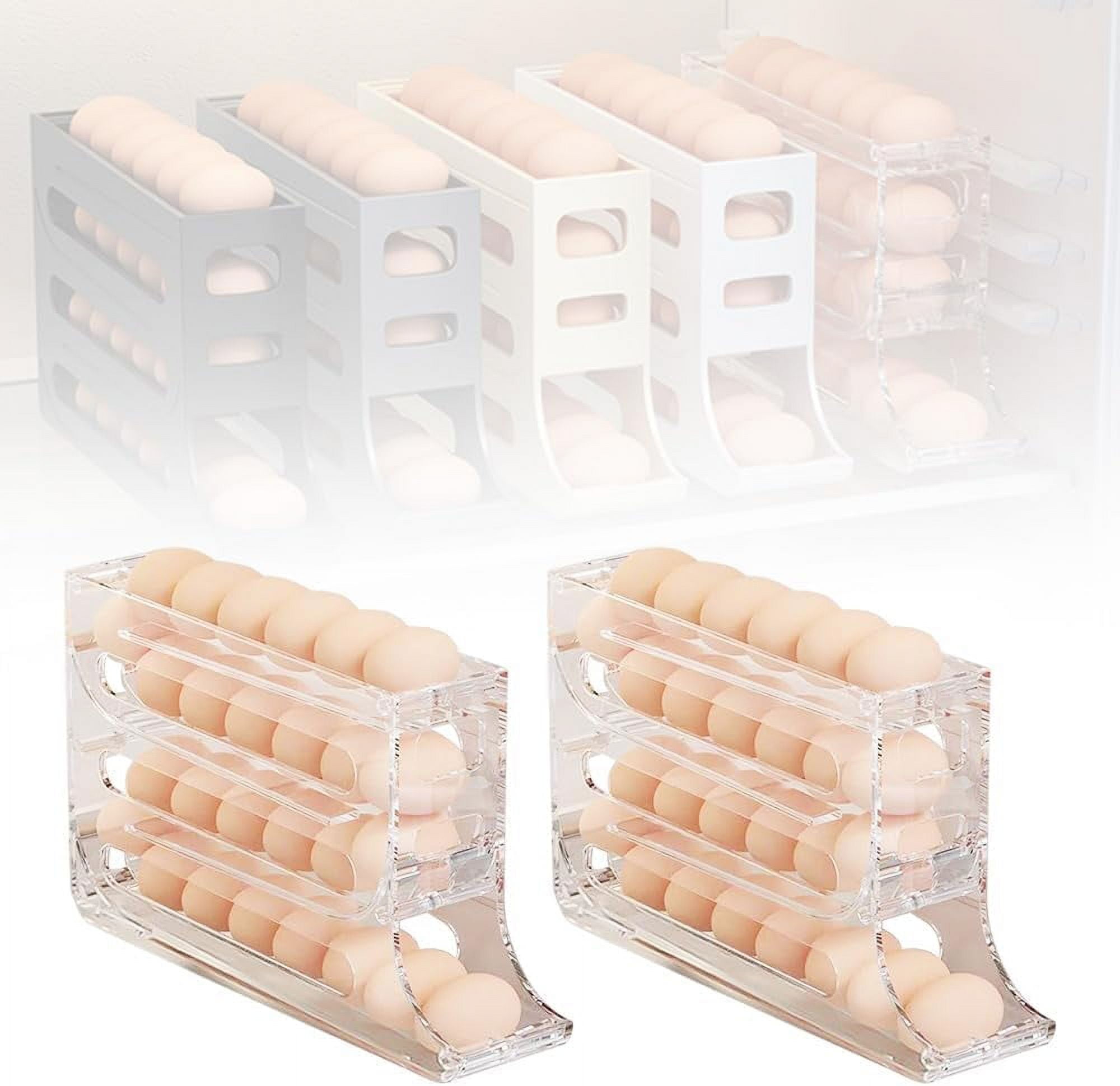4 Tiers Egg Holder for Fridge, 2024 New Automatic Scrolling Egg Rack Holder 4 Tier Tilted Egg Storage Rack, Large Capacity Eggs Organizer Storage 30 Egg for Fridge, Kitchen (Transparent)