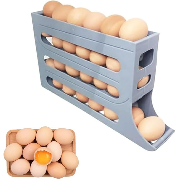4 Tiers Egg Holder for Fridge, Auto Rolling Egg Rack Holder, Large Capacity Egg Organizer, Holds 30 Eggs, Space-Saving Egg Holder Rack for Refrigerator Kichen Cabinet (Gray)