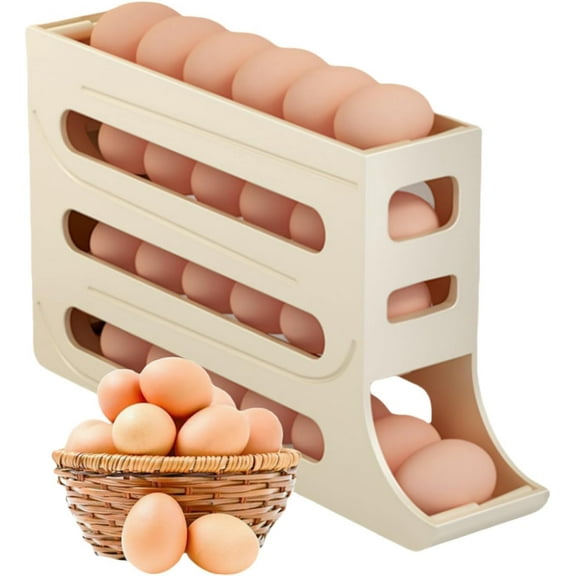 4 Tiers Egg Holder for Fridge - Auto Rolling Fridge Egg Organizer, Space-Saving Egg Dispenser Holder, 30 Eggs Fridge Egg Rack Large Capacity Egg Dispenser for Refrigerator (Milk yellow)