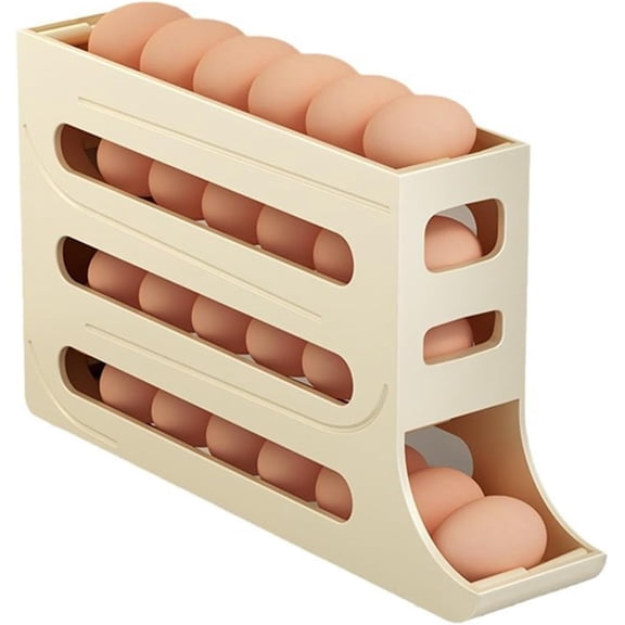 4 Tiers Egg Holder for Fridge - Auto Rolling Fridge Egg Organizer, Space Saving Fridge Egg Organizer, 30 Eggs Refrigerator Egg Rack Large Capacity Refrigerator Side Door Egg DispenserCream Yellow