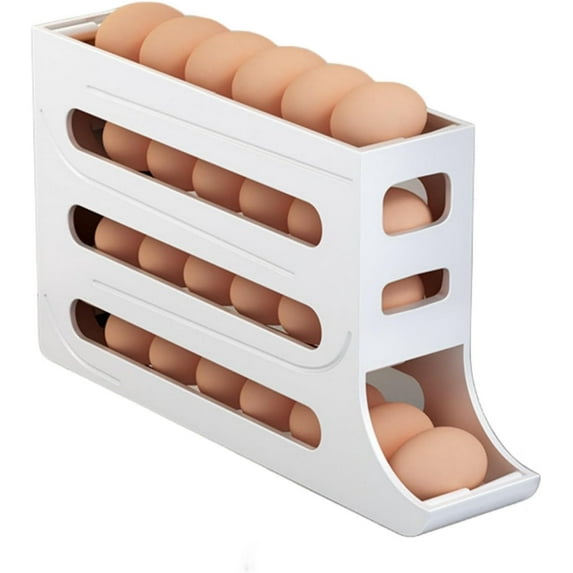 4 Tiers Egg Holder for Fridge, Automatic Egg Rolling Rack, 30 Eggs Storage Rack, Egg Distributor for Refrigerator, Egg Storage Rack for Kitchen (White)