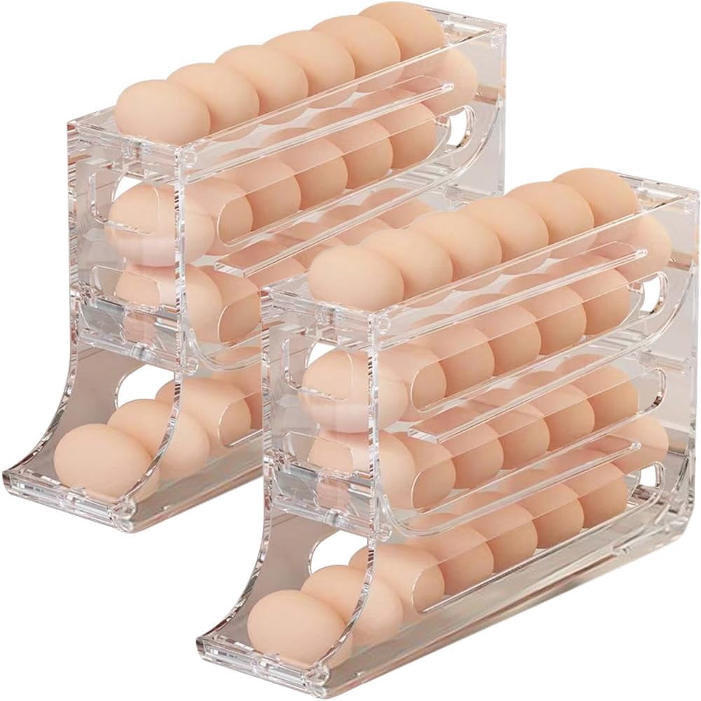 4 Tiers Egg Holder for Fridge, Automatic Scrolling Egg Rack Holder, Space-Saving Egg Dispenser Auto Rolling, Large Capacity Eggs Organizer Storage 30 Egg for Fridge, Kitchen (Transparent)