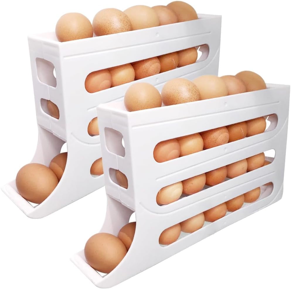 4 Tiers Egg Holder for Fridge, Automatic Scrolling Egg Rack Holder, Space-Saving Egg Dispenser Auto Rolling, Large Capacity Eggs Organizer Storage 30 Egg for Fridge, Kitchen (Transparent)