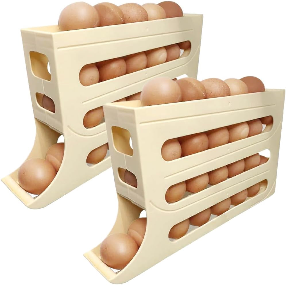 4 Tiers Egg Holder for Fridge, Automatic Scrolling Egg Rack Holder, Space-Saving Egg Dispenser Auto Rolling, Large Capacity Eggs Organizer Storage 30 Egg for Fridge, Kitchen (Transparent)