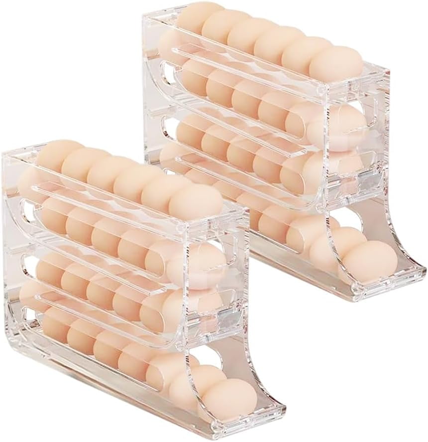 4 Tiers Egg Holder for Fridge, Automatic Scrolling Egg Rack Holder, Space-Saving Egg Dispenser Auto Rolling, Large Capacity Eggs Organizer Storage 30 Egg for Fridge (Transparent, 1PCS)