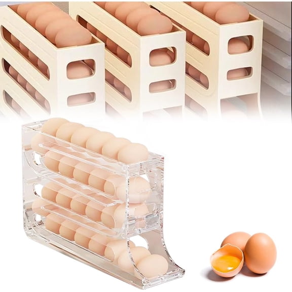 4 Tiers Egg Holder for Fridge,Creative Automatic Scrolling Egg Dispenser,Household Large Capacity Space Saving Egg Organizer for Kitchen,Refrigerator,Cabinets (Frosted Transparent)