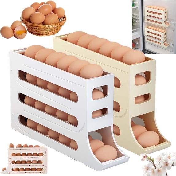 4 Tiers Egg Holder for Fridge,Egg Dispenser for Refrigerator,4 Tier Rolling Egg Holder Dispenser,30 Eggs Fridge Egg Rack Large Capacity Egg Dispenser for Refrigerator (Yellow*2)
