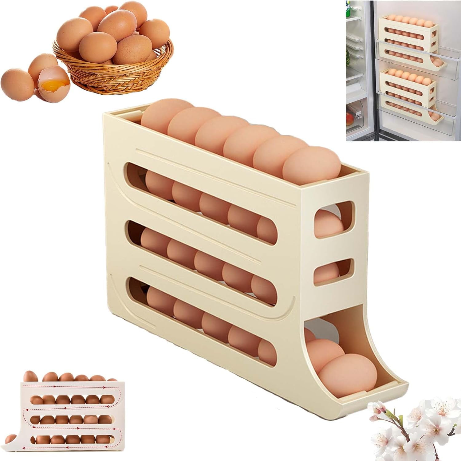 4 Tiers Egg Holder for Fridge,Egg Dispenser for Refrigerator,4 Tier Rolling Egg Holder Dispenser,30 Eggs Fridge Egg Rack Large Capacity Egg Dispenser for Refrigerator (Yellow*2)