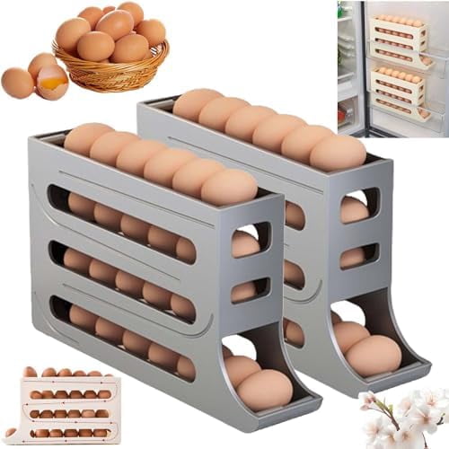 4 Tiers Egg Holder for Fridge,Egg Dispenser for Refrigerator,4 Tier Rolling Egg Holder Dispenser,30 Eggs Fridge Egg Rack Large Capacity Egg Dispenser for Refrigerator (Yellow*2)