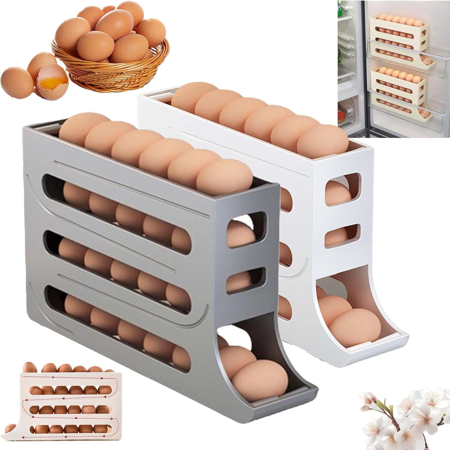4 Tiers Egg Holder for Fridge,Egg Dispenser for Refrigerator,4 Tier Rolling Egg Holder Dispenser,30 Eggs Fridge Egg Rack Large Capacity Egg Dispenser for Refrigerator (Yellow*2)