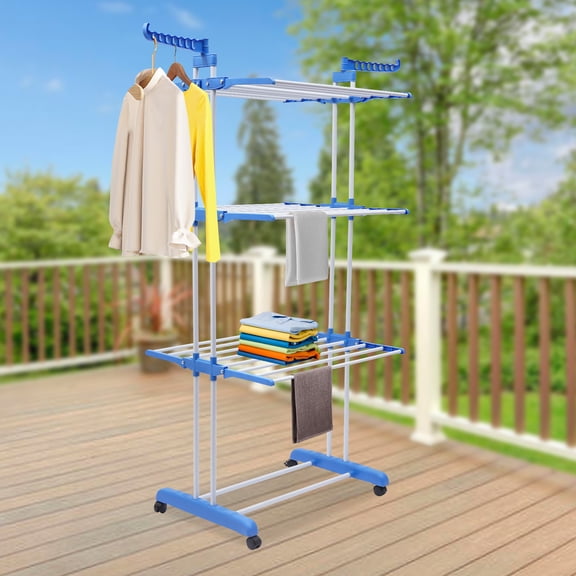 4 Tiers Foldable Blue Clothes Drying Rack Folding Clothes Rail Movable Clothes Horses Rack for Indoor Outdoor Use