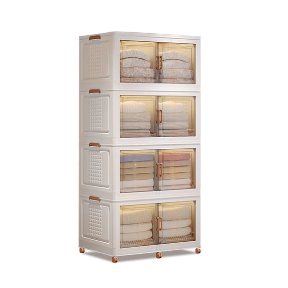 4 Tiers Foldable Storage Bins,144Qt Versatile Foldable Containers,Stackable Closet Organizers and Storage with Double Door and Wheels for Toys,Snacks,Books,Clothes