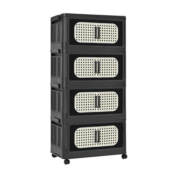 4 Tiers Folding Storage Cabinet,20" Side Wide Stackable Storage Bins with Doors and Wheels, Space Saving Plastic Cabinet for Living Room, Office, Dorm, Retro Black
