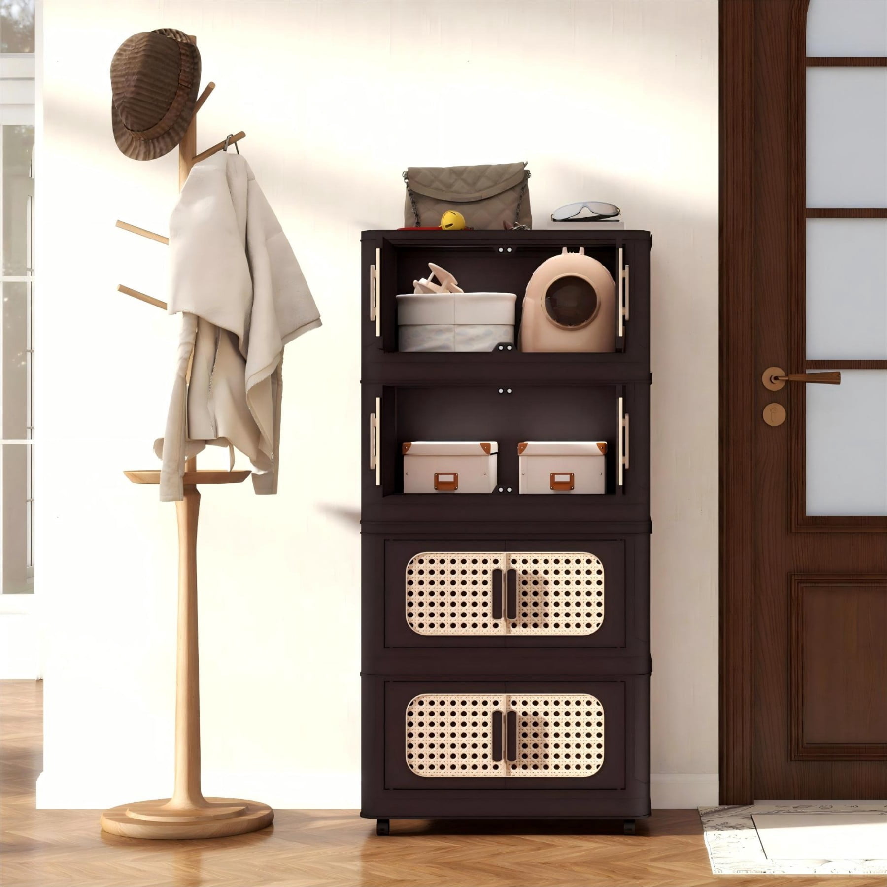 4 Tiers Folding Storage Cabinet,20" W Collapsible Storage Bins with Magnetic Door,Plastic Storage Cabinet with Wheels for Bedroom, Living Room,Brown