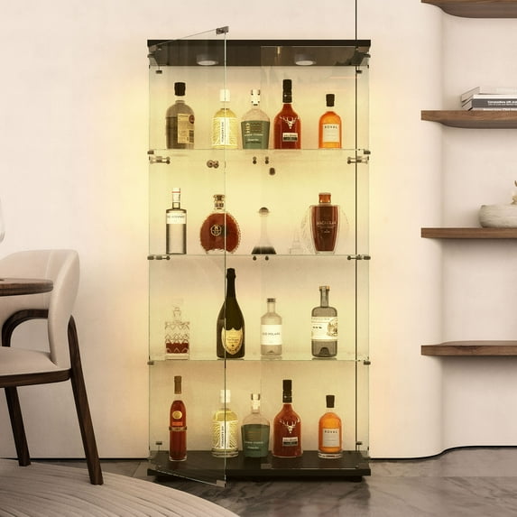 4 Tiers Glass Display Cabinet with Bluetooth PAIPAI Light Strip, Standing Curio Cabinet, Bookshelf for Collections, Wood Top