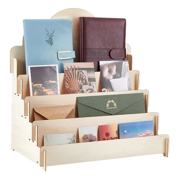 4 Tiers Greeting Card Display Stand Wooden Collector Display Rack Portable Birthday Cards Display Multi-Purpose Sticker Display Stand