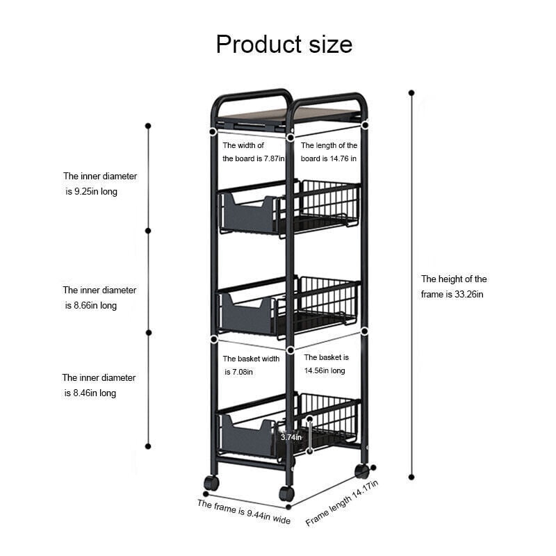 4 Tiers Kitchen Narrow Rolling Cart Bathroom Living Room Storage Basket