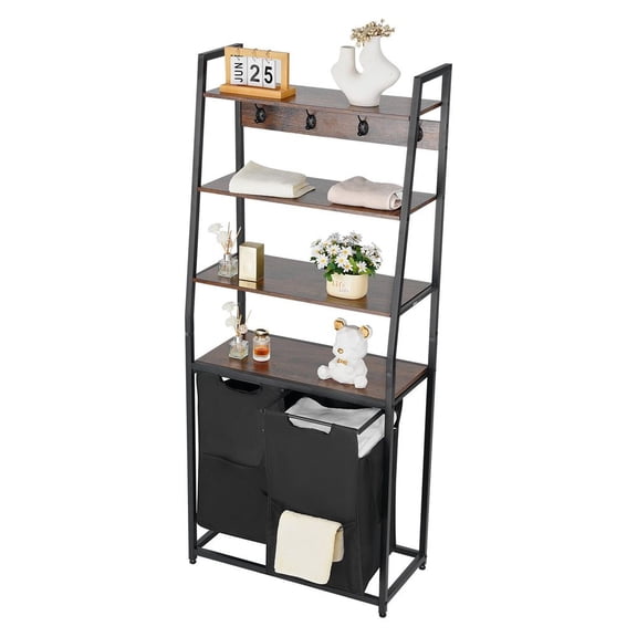 4 Tiers Laundry Sorter, Tall Laundry Hamper with Shelves and Hooks, 2 Section Freestanding Basket Organizer Storage with 600D Oxford Cloth Bags and Ladder Shelves for Dirty Clothes, Bathroom