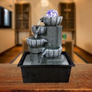 4-Tiers Mini Resin Fountain Indoor Desktop Water Feature Waterfall with LED Lights Crystal Ball
