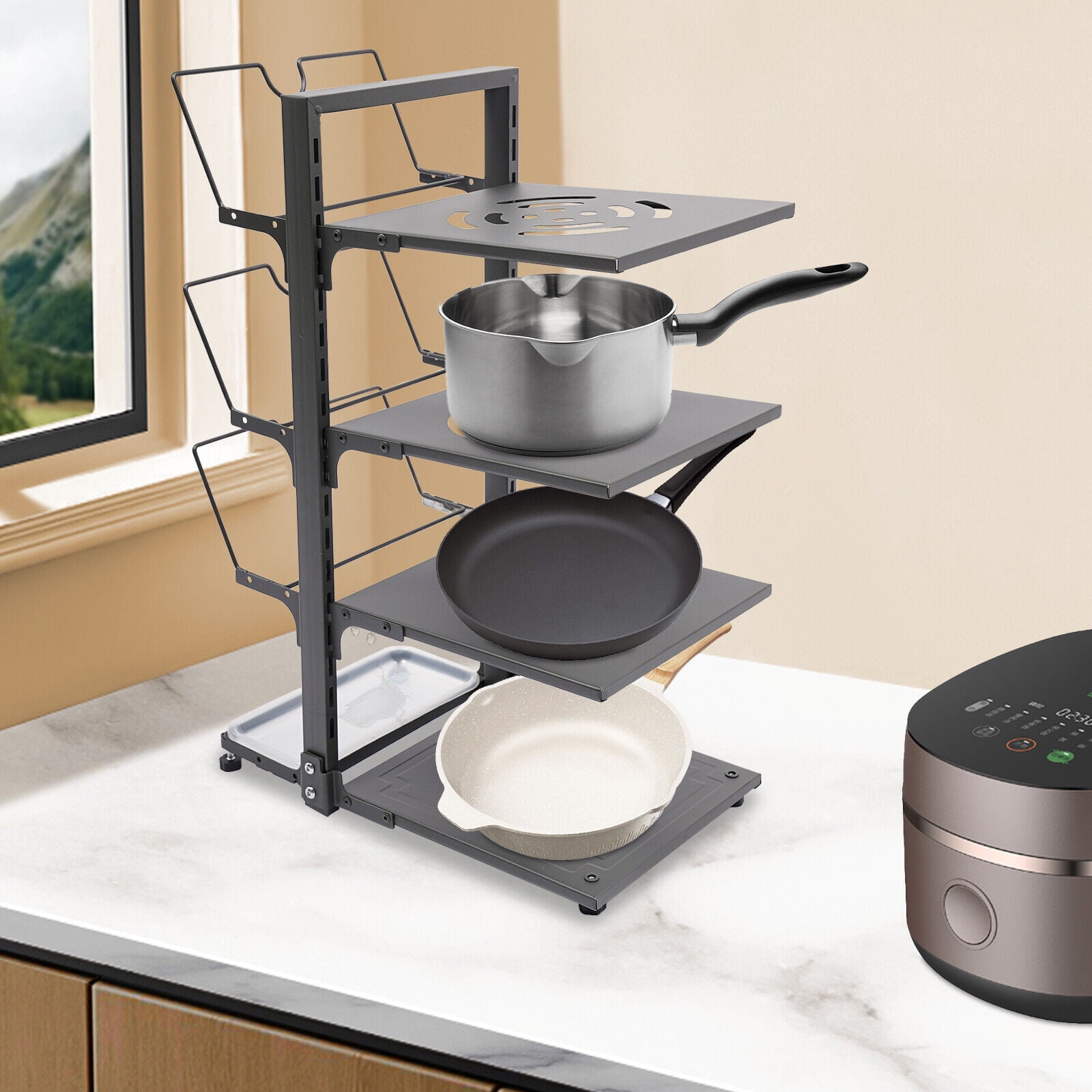 4-Tiers Modern Pot and Pan Organizing Rack, Kitchen Pot Organizer Grey ...