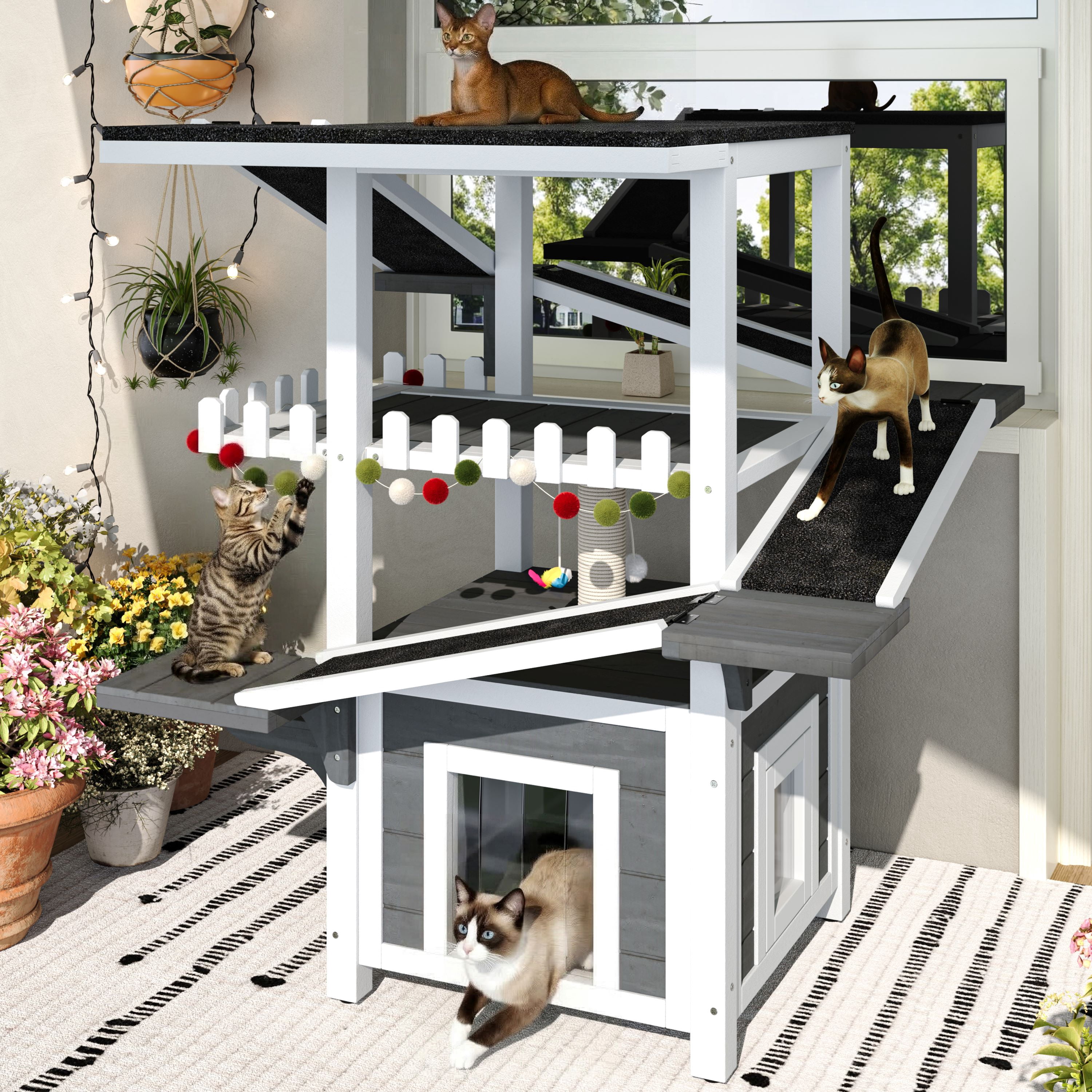 DRNANLIT 4 Tiers Outdoor Cat House, Weatherproof Cat Tree Tower with Waterproof Roof & 2 Doors, Feral Cat Shelter Outside Enclosure, Multi-Level Play Zones with Balcony, for Small Animals, Grey + Whi