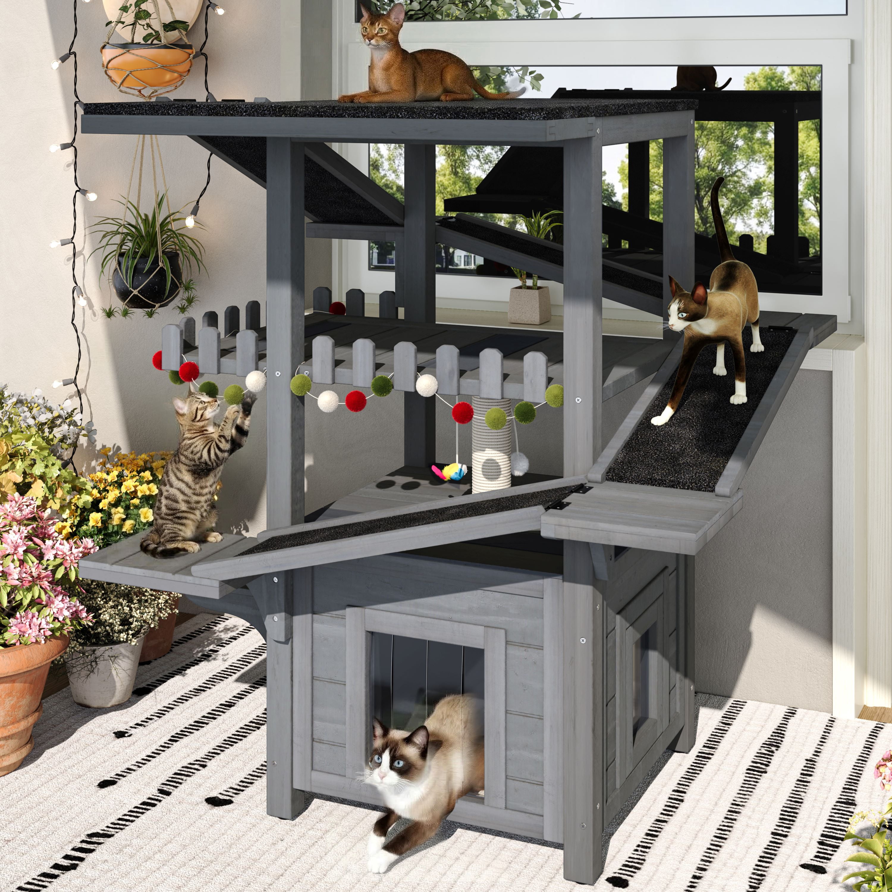 DRNANLIT 4 Tiers Outdoor Cat House, Weatherproof Cat Tree Tower with Waterproof Roof & 2 Doors, Feral Cat Shelter Outside Enclosure, Multi-Level Play Zones with Balcony, for Small Animals, Grey