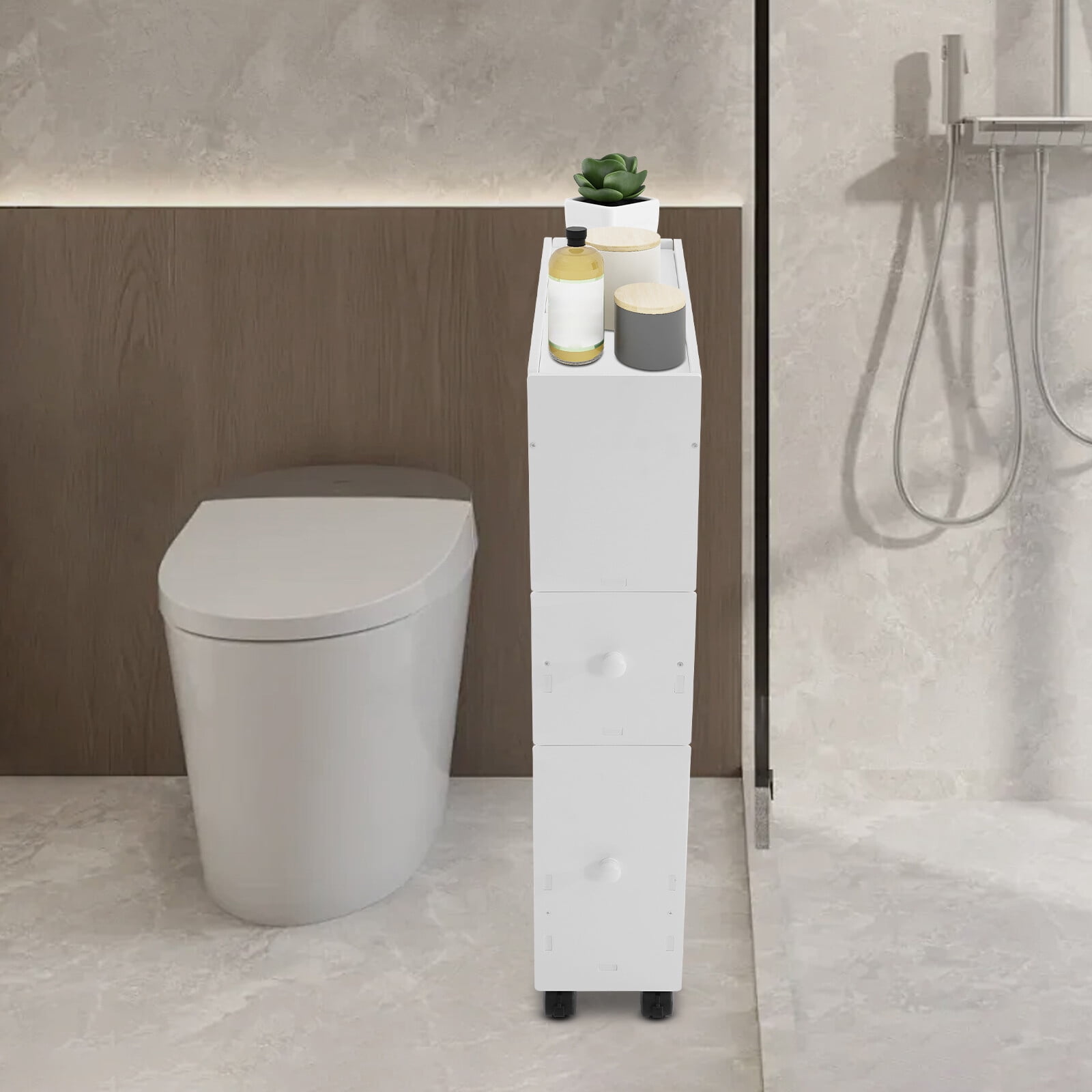 4 Tiers PVC Toilet White Narrow Cupboard Shelf White Slim Bathroom Storage Cabinet Floor Standing Bathroom Hallway Living Room