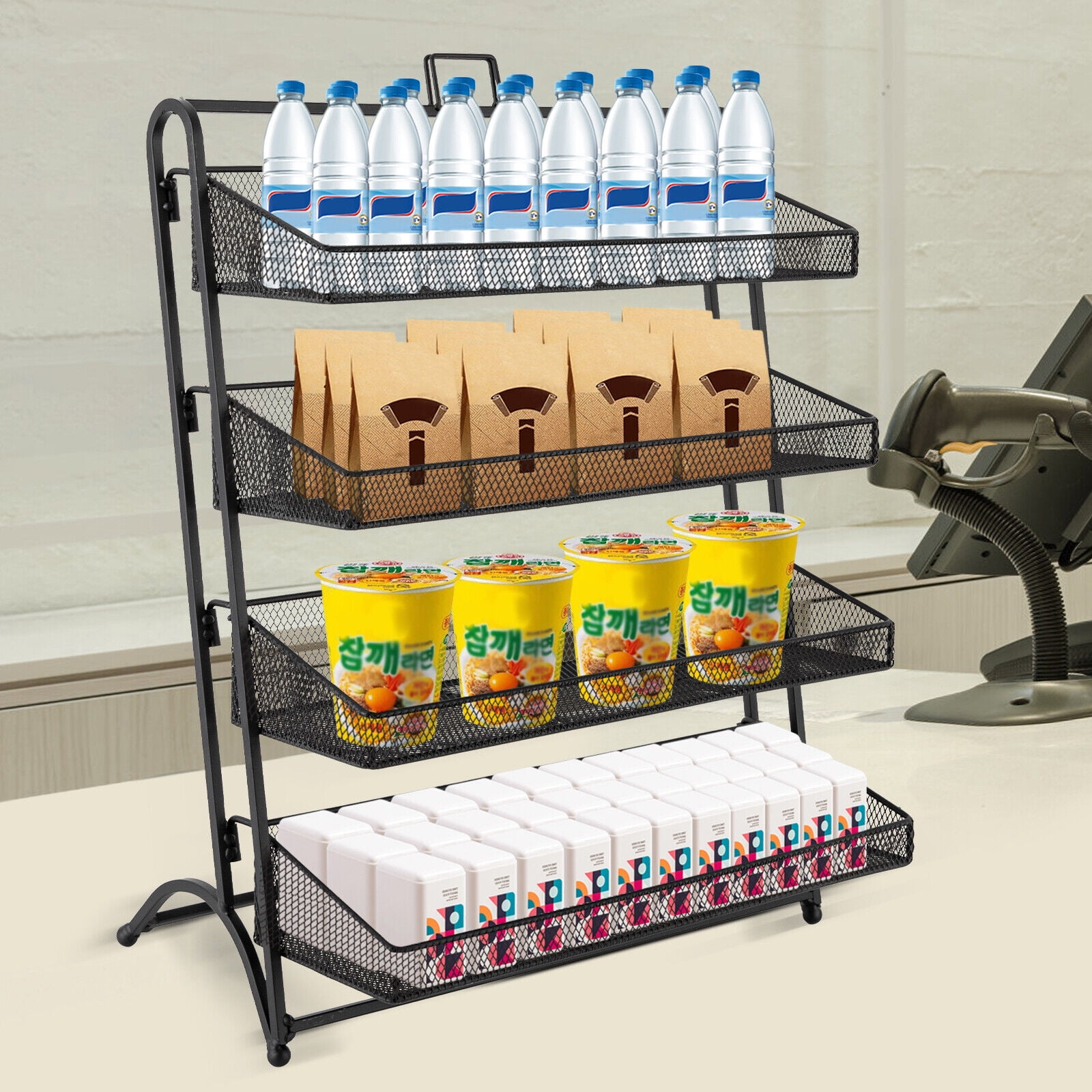 4 Tiers Retail Snack Shelving Storage Organizer for Countertop Black