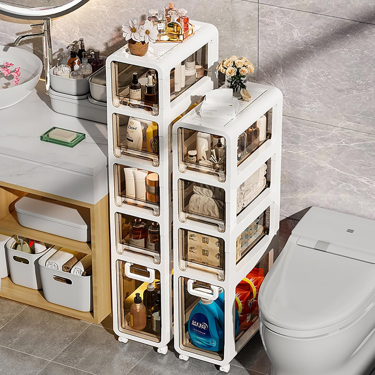 4 Tiers Slim Bathroom Floor Cabinet with Wheels, Mobile Narrow Storage ...