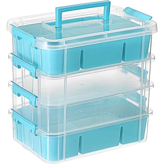 4-Tiers Stack Carry Storage Box With 2 Divided Tray, Transparent Stackable Storage Bin With Handle Lid Latching Storage Container for School & Office Supplies, Blue