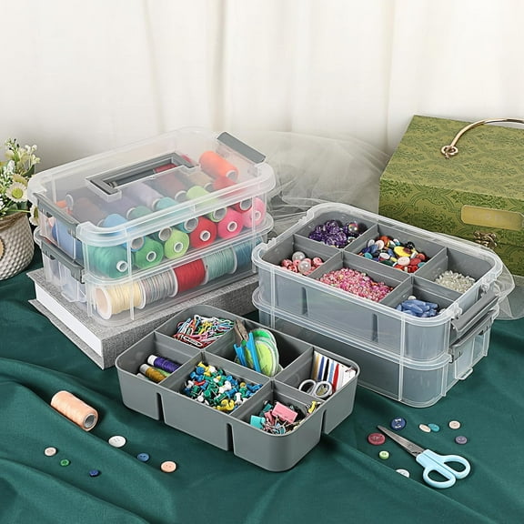 4-Tiers Stack Carry Storage Box with 2 Divided Tray, Transparent Stackable Storage Container for School & Office Supplies, Gray - Dog Toys Storage