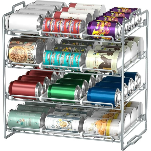 4 Tiers Stackable Can Rack Organizer, Wear-resistant Upgrade Beverage Food Can Dispenser Holder Holds up to 48 Cans for Kitchen Cabinet and Pantry (Silver)