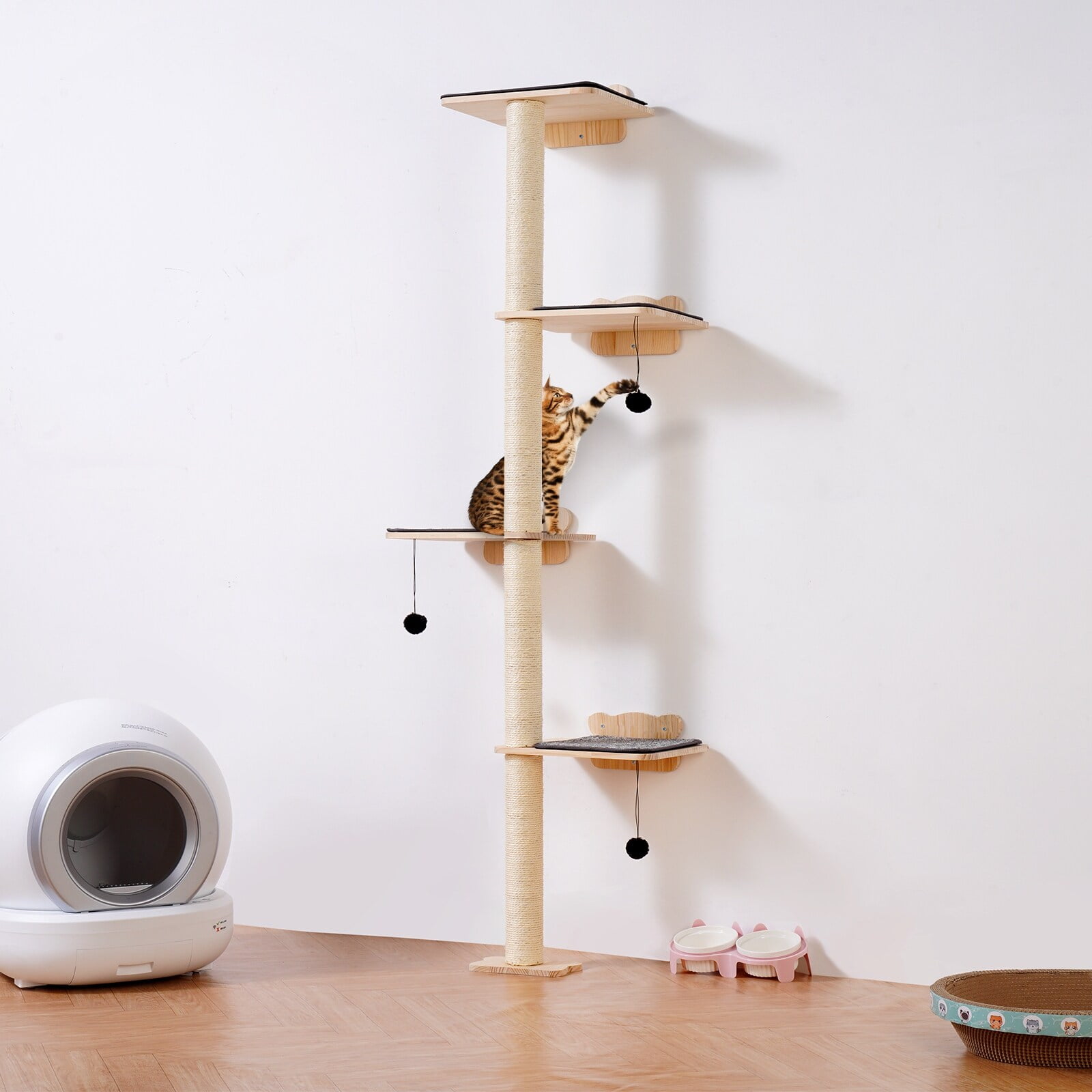 Natural Pine Wood 4-Tier Wall-Mounted Cat Tree with Plush Pads
