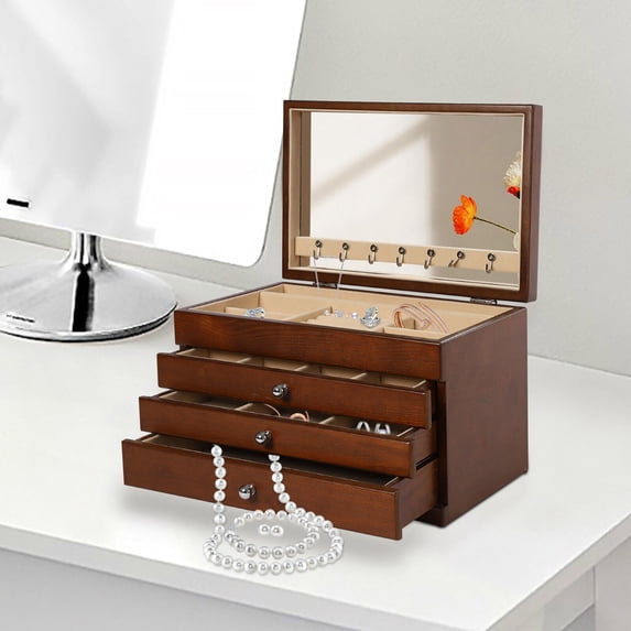 4 Tiers Vintage Decorative Treasure Jewelry Chest W/ Mirror Wooden Storage Box