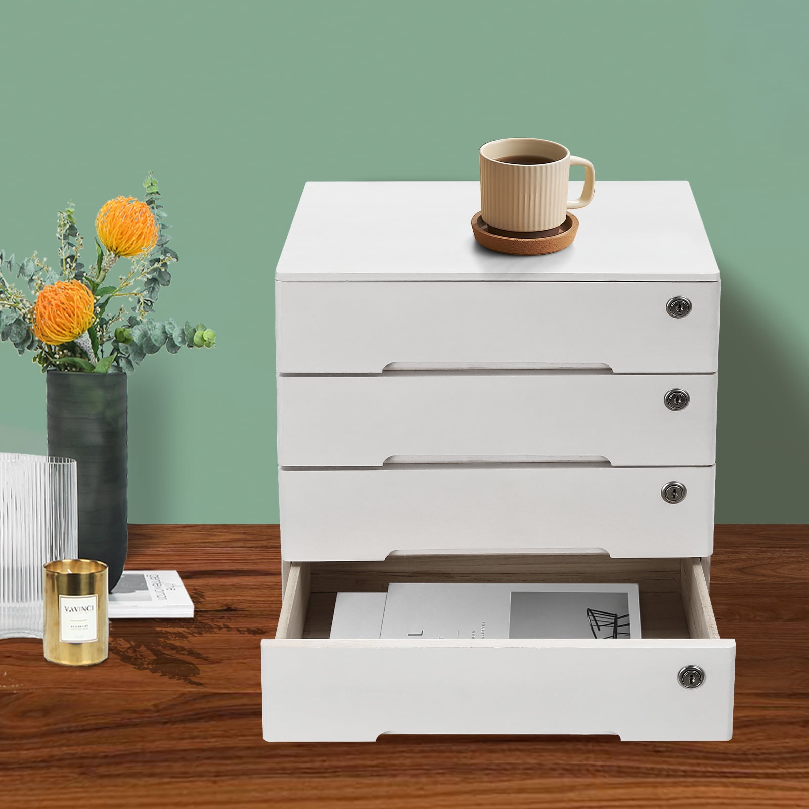 4 Tiers White Wooden Desktop Storage Box with Lock, Office Supplies ...