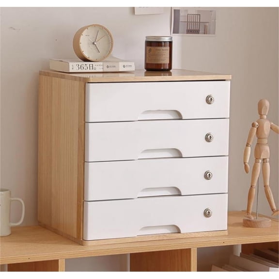 4 Tiers Wooden Desktop Storage Cabinet, Tabletop Storage Box with Lockable Drawers Lockable Filing Cabinet Countertop Desk Organizer for Office Study Bedroom