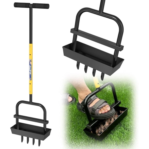 JouZYA 4-Tine Manual Lawn Aerator with Soil Tray, Adjustable Coring Tool, 38"