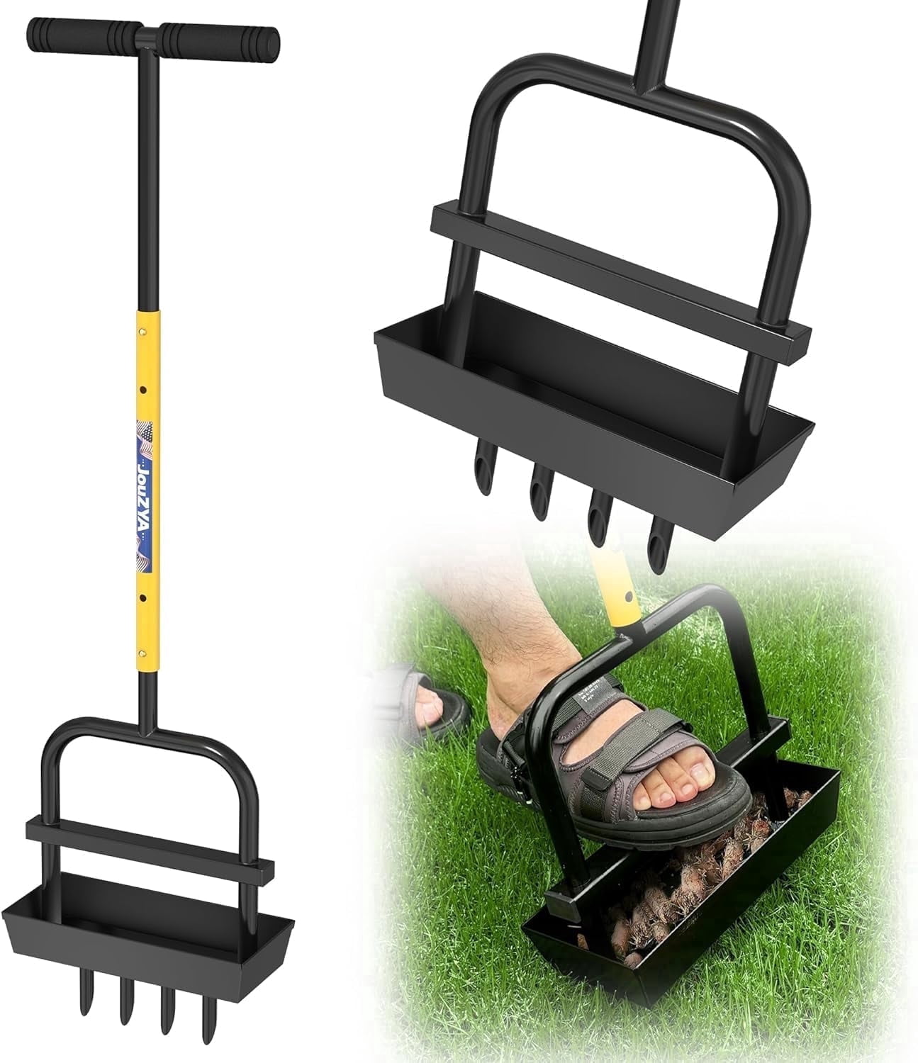 JouZYA 4-Tine Manual Lawn Aerator with Soil Tray, Adjustable Coring Tool, 38"