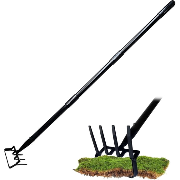 4-Tines Rake and Stirrup Hoe - Adjustable Long Handle Scuffle Loop Hula Action Hoe for Weeding, Digging, Loosening Soil, Stainless Steel Tiller Cultivator for Gardening, Raised Flower Beds Planting.