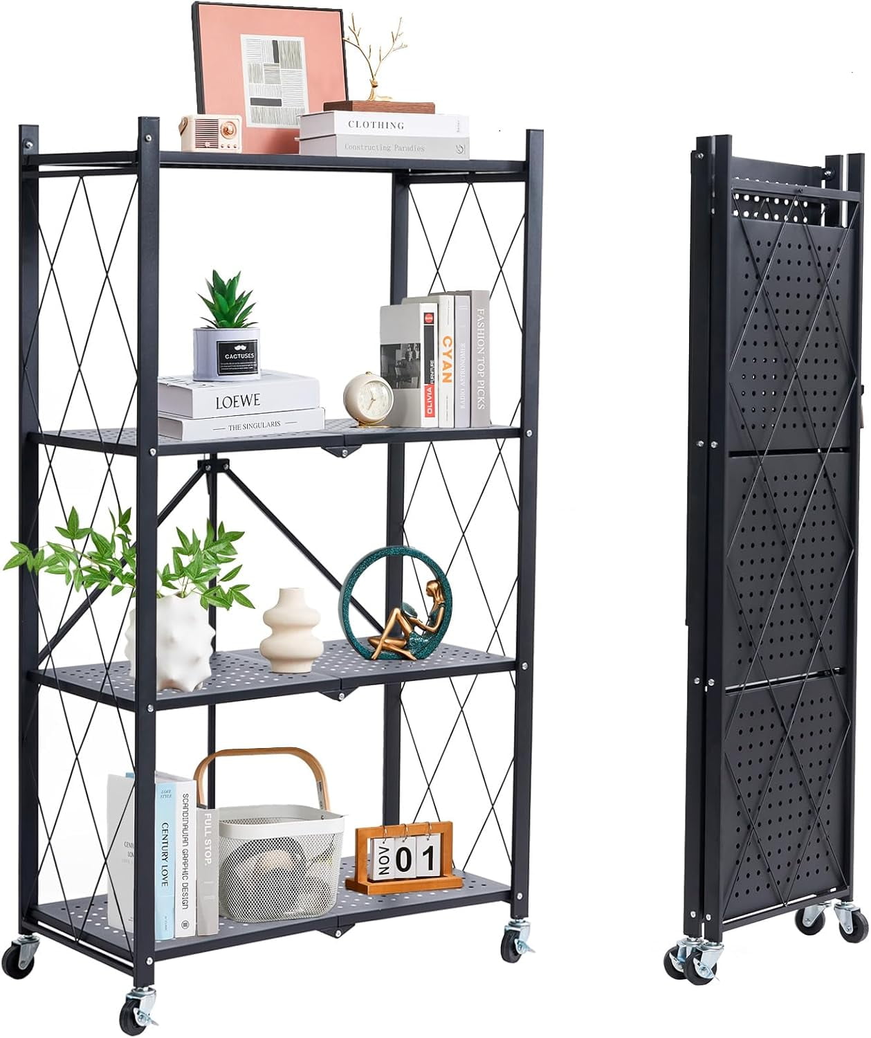 4Tire Foldable Storage Shelves with Wheels Collapsible Folding Shelf